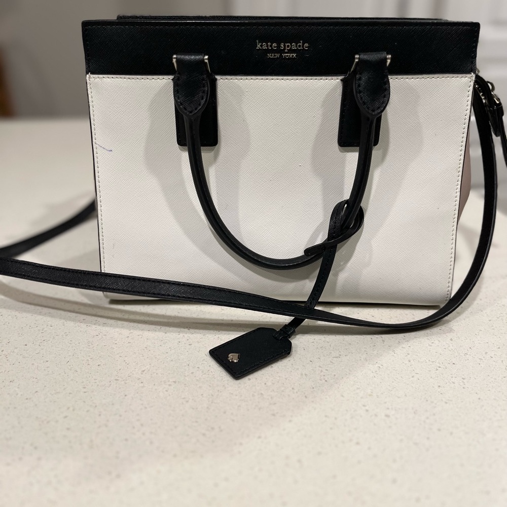 Kate Spade White, Black, and Pale Pink Saffiano Leather Satchel